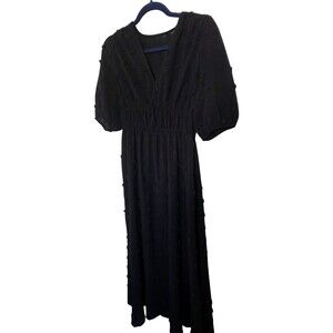 Boho Black Midi Dress S 3/4 Puff Sleeve 3D Textured Rosettes Smocked Waist